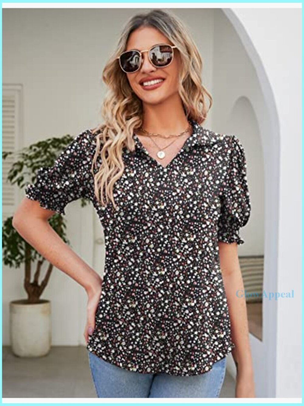 Women's V-Neck Polo Tunic with Puff Sleeves, Regular Fit, Lightweight Fabric - Picture 3 of 7
